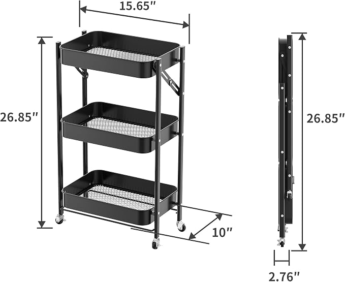 JAQ No Assembly Required Under Desk Rolling Cart, 3-Tier Foldable Metal Utility - Image 3