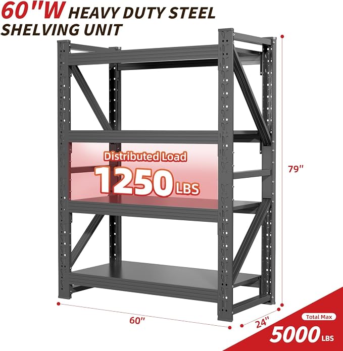 60" W Garage Shelving, 4-Tier Heavy Duty Storage Shelves Unit - Image 2
