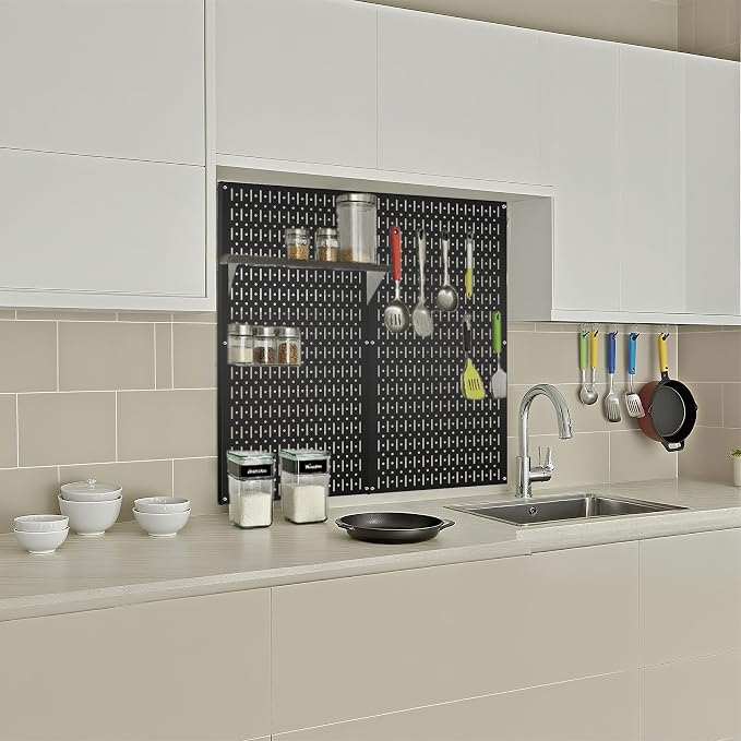 Pegboard Wall Organizer 2 PCS 32" x 16" Black Peg Board Metal Pegboard Panels - Image 6
