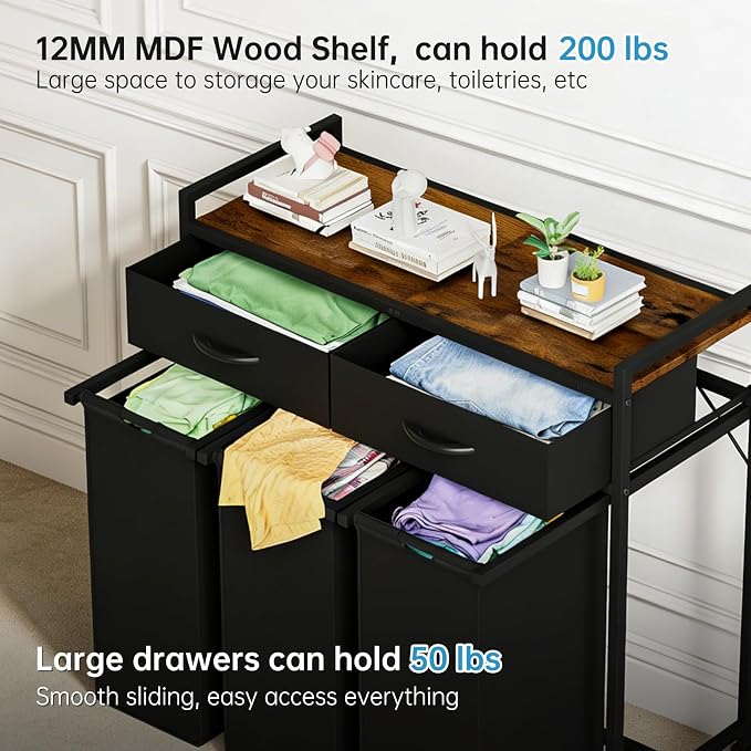 Laundry Sorter with 3 Section Pull Out Bags Rolling Laundry Basket Organizer - Image 3