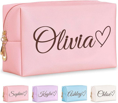 Personalized Makeup Bag with Name & Birth Flower, Custom Leather Cosmetic Bags by Fincekoom