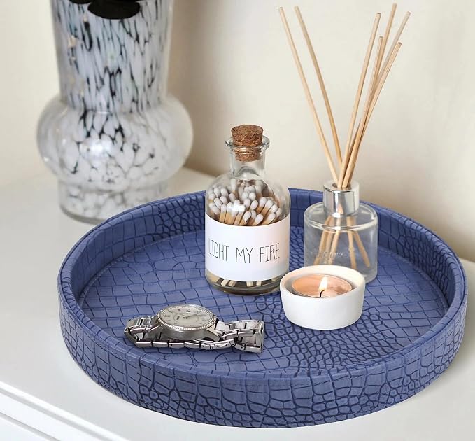 HofferRuffer Faux Leather Round Serving Tray, Vegan Croco Leather Decorative - Image 4