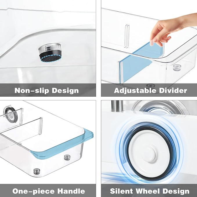 MANO 2 Pack Divided Rolling Refrigerator Tray Clear Roll Out Fridge Caddy - Image 3