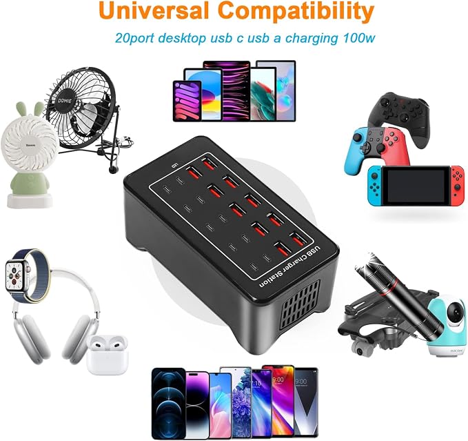 Multi USB Charger, USB C Charging Block Station, 100W 20 Port Multiple USB C - Image 2