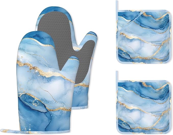 Blue Gold Marble Heat-Resistant Silicone Oven Mitts and Pot Holder 4 Piece Set by Unknown