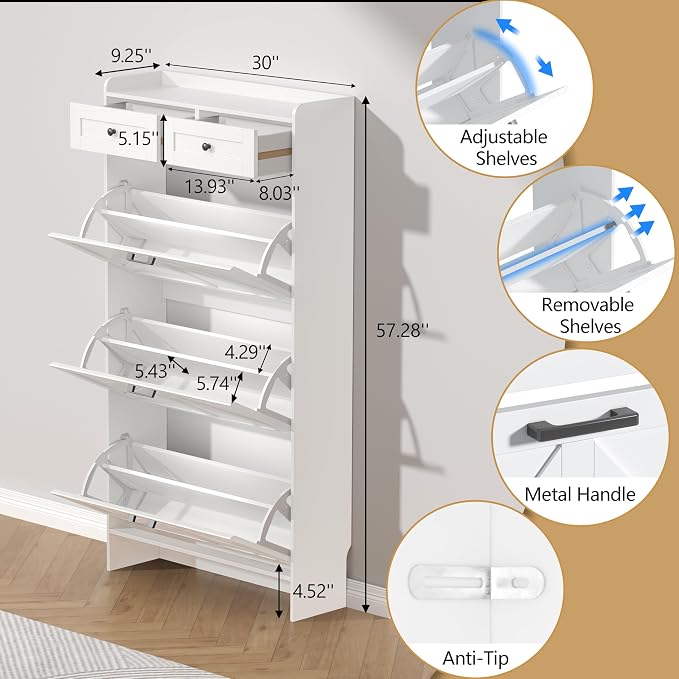 Thacuok Shoe Cabinet with 3 Flip Drawers & 2 Storage Drawers, Rustic Farmhouse - Image 6