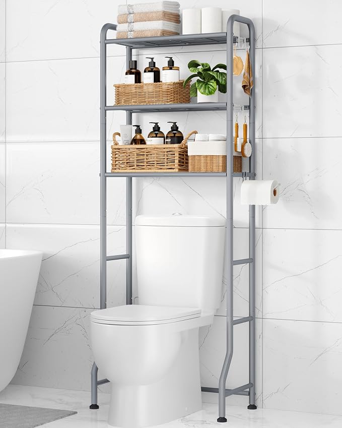 Kitsure Over Toilet Storage Rack, 63.2" H Space-Saving, Holder & Hooks | by Kitsure