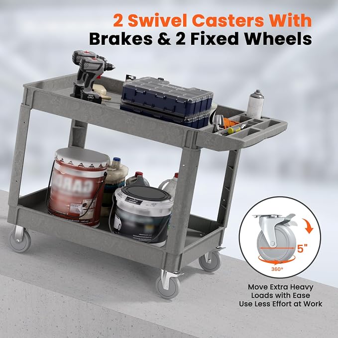 2 Tier Plastic Rolling Utility Cart on Wheels, Heavy Duty Tool Cart - Image 6