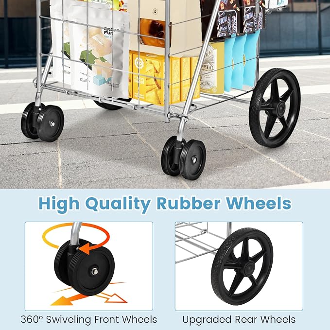 COSTWAY Folding Shopping Cart, Metal Grocery Cart - Image 3