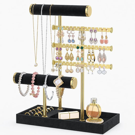 MODOWEY Necklace Holder Earring Stand Organizer, Wooden Velvet, T Bar Jewelry by MODOWEY