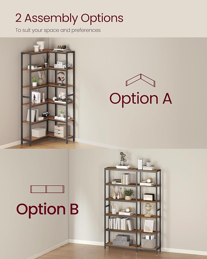VASAGLE 6 Tier Bookshelf with Metal Frame, Convertible Industrial Corner Shelf - Image 4