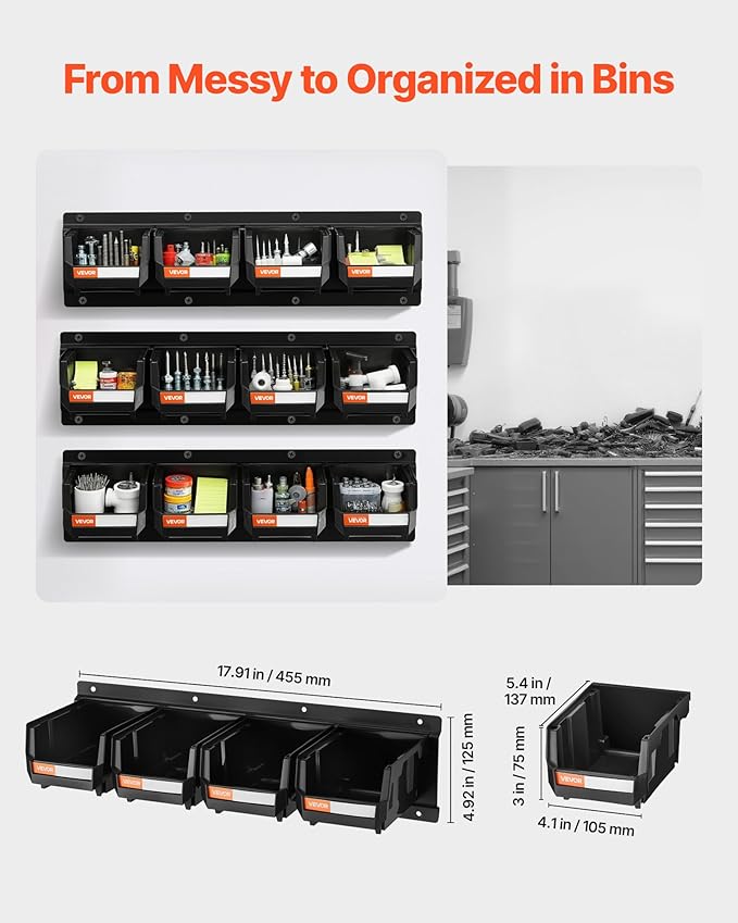 VEVOR Wall Mounted Storage Bins, 12 Plastic Bins & 3 Metal Rails, Plastic - Image 2