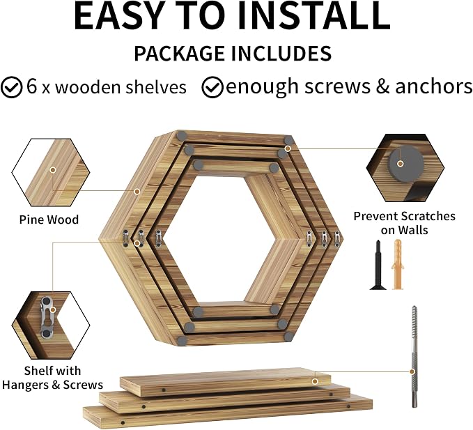 Wooden Hexagon Floating Shelves Wall Mounted - Image 6