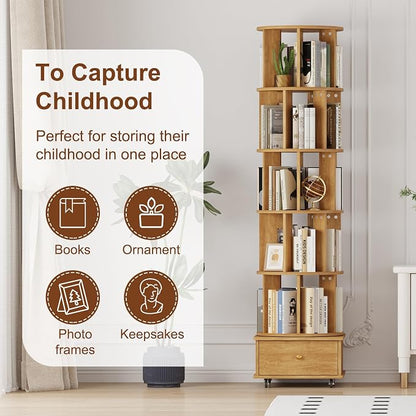 5-Tier Rotating Bookshelf with Drawers on Wheels, 360° Spinning Corner Bookcase - Image 4