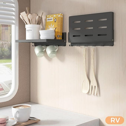 Small Folding Metal Shelf with Hooks, RV Fold-Down Wall Shelf, 6 Hooks - Image 2