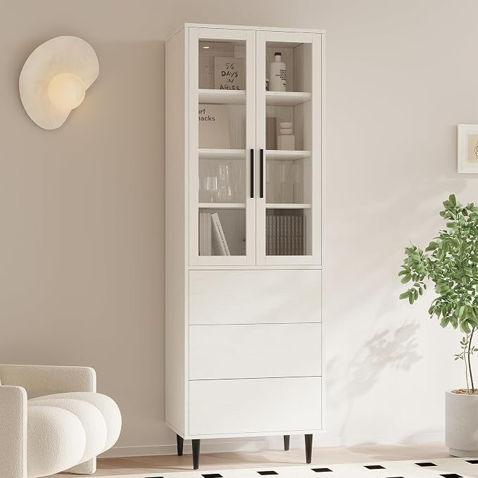 TUSY 70.9“ H Book Shelf with Drawers, 7-Tier Bookcase with Glass Doors - Image 4