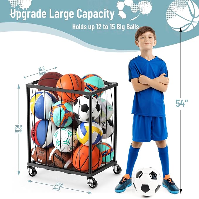 TomCare Garage Ball Rolling Storage Rack Large Capacity Basketball Holder - Image 2