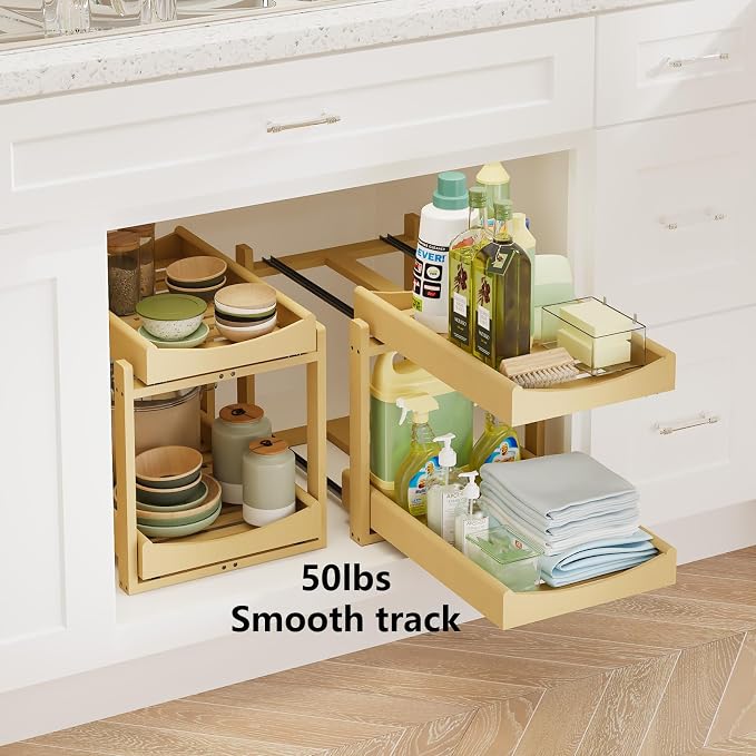 Bamboo Under Sink Organizer Adjustable Height 2 Tier Bathroom Organizer Pull - Image 4