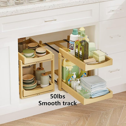 Bamboo Under Sink Organizer Adjustable Height 2 Tier Bathroom Organizer Pull - Image 4