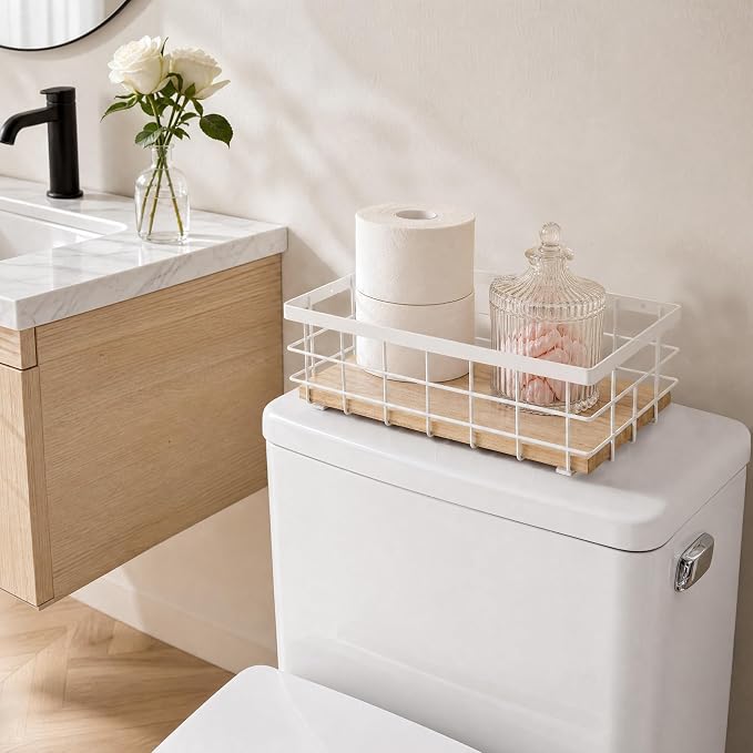 TJ.MOREE Small Metal Wire Basket, Decorative Wood Base Organizer - Image 3