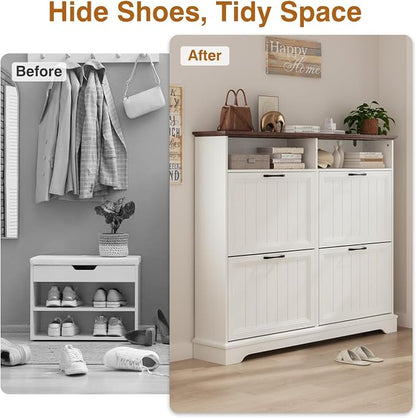 Shoe Storage Cabinet with 4 Flip Drawers, Farmhouse Modern Hidden Shoes Rack - Image 4