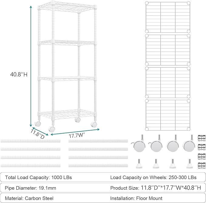 1000 lbs 4-Shelf Adjustable Heavy Duty Steel Wire Rack, Adjustable Storage - Image 3