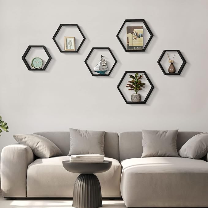 CADUKE Hexagonal Floating Shelves Set of 6, Wood Storage, Honeycomb Shelf - Image 7