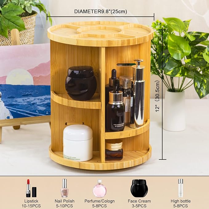 VVW Rotating Bamboo Makeup Organizer, 360 Degree Spinning Adjustable Bamboo - Image 2