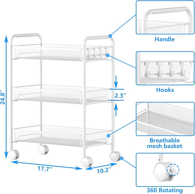 3-Tier Mesh Rolling Cart - Image 7