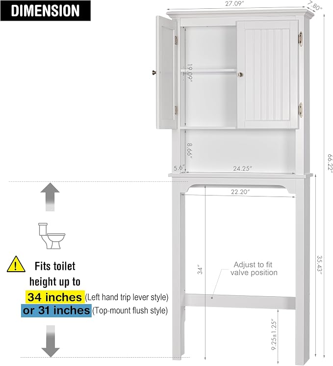 UTEX Over The Toilet Storage Cabinet, Adjustable Shelves, Anti-Tip Bracket - Image 2