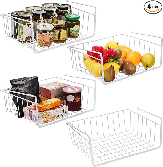 Tebery 4 Pack White Under Shelf Wire Basket Hanging Storage Baskets, Small by Tebery