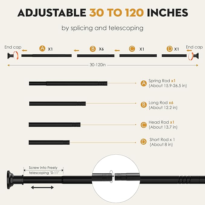 Black Long Curtain Rod Tension Shower Curtain Rods 30 to 120 inch Adjustable - Image 4