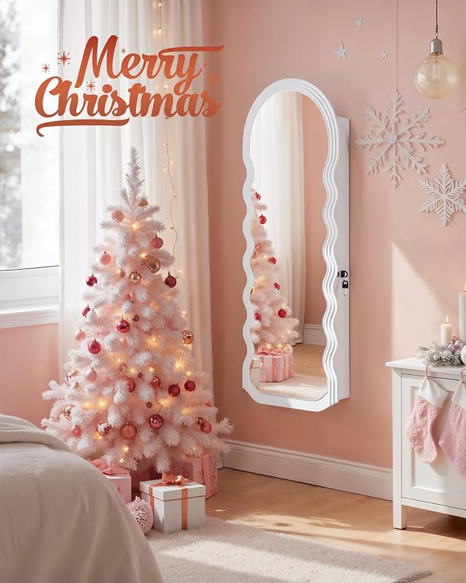 SONGMICS Mirror Jewelry Cabinet Wall Mounted Over the Door, Hanging LED Jewelry - Image 2
