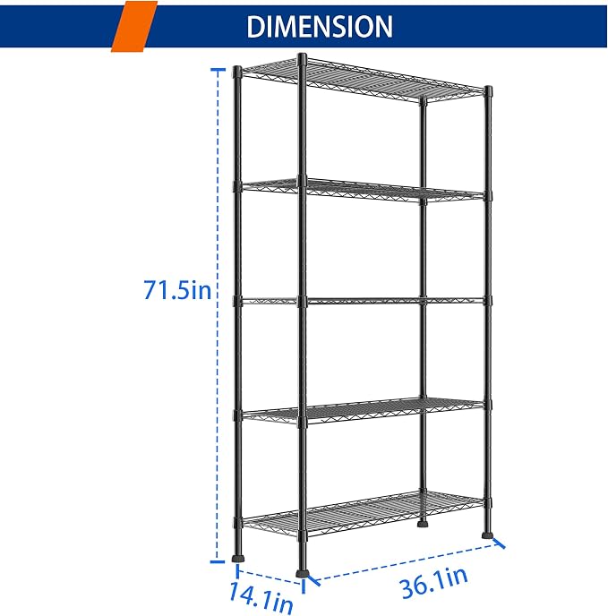 REGILLER 5-Wire Shelving Metal Storage Rack Adjustable Shelves, Standing - Image 2