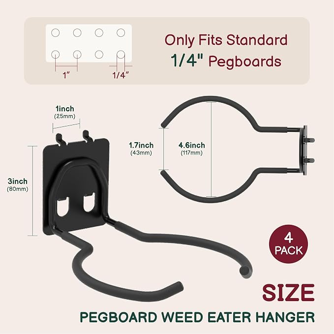4-Pack Heavy Duty Weed Eater Pegboard Hooks | Leaf Blower Hanger & Vacuum Holder - Image 2