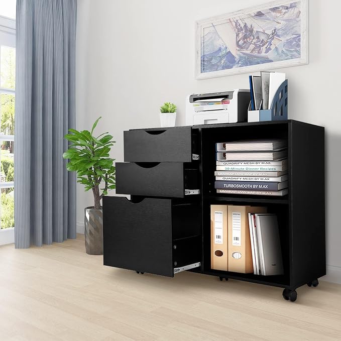 QDSSDECO 3-Drawer with Shelf Wood File Cabinet Mobile Lateral Filing Cabinet - Image 2