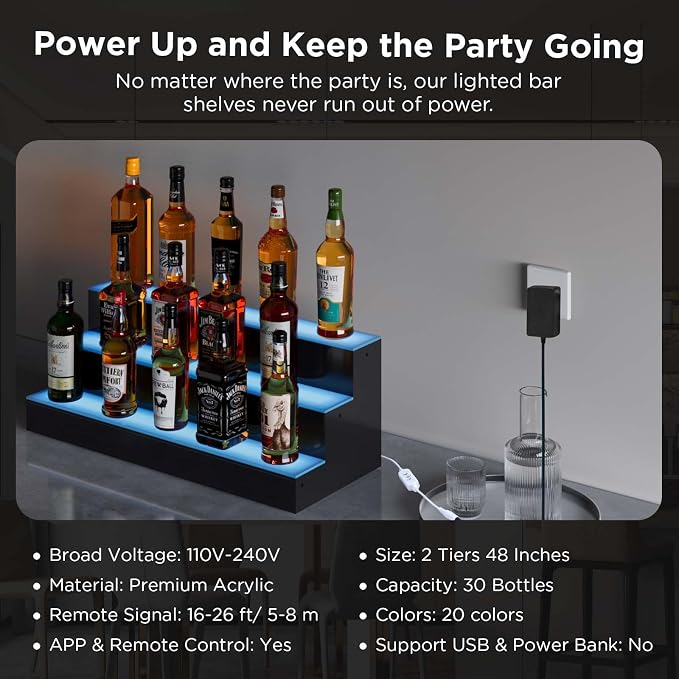 Dethan 2 Tier 48 Inch LED Lighted Liquor Bottle Display Shelf - Image 6