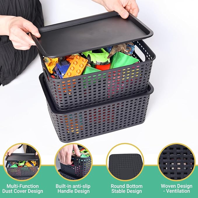 Plastic Storage Baskets with Lid-Plastic Storage Containers Stackable Storage - Image 3