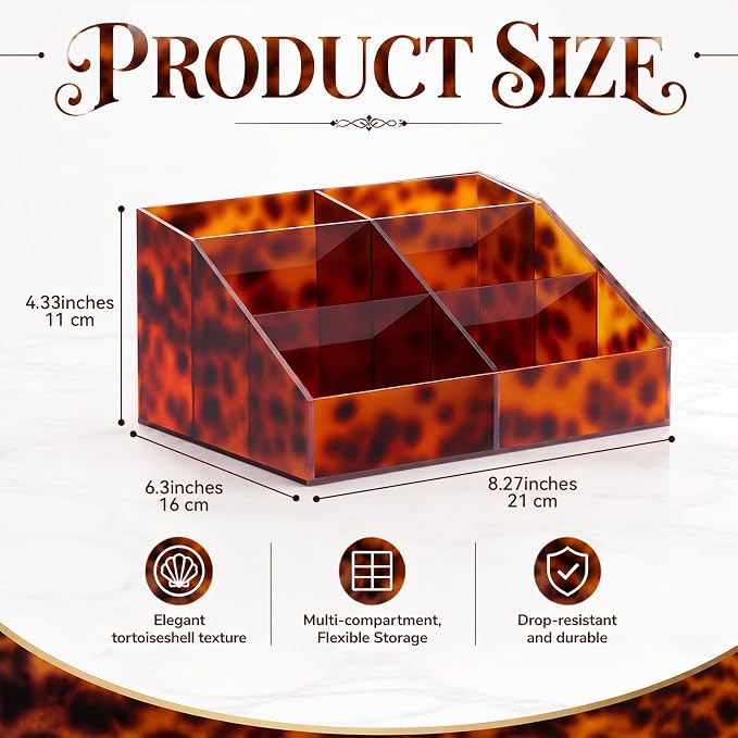 Tortoiseshell Acrylic Makeup Organizer, 6 Compartment Holder - Image 2
