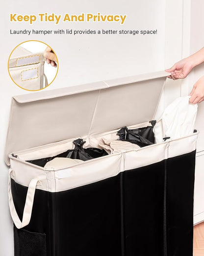 190L Laundry Hamper with Lid, Large Laundry Basket with Lid and 3 Section - Image 9