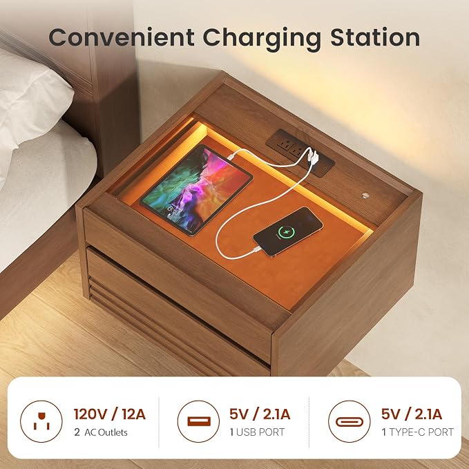 Sikaic Floating Nightstand Set of 2 Wall Mounted, Touch Control LED Light & - Image 6