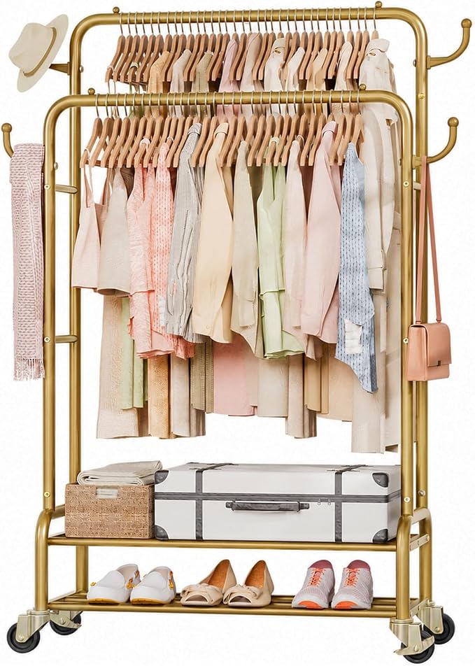 Homde Heavy Duty Clothes Rack: 265lb Rolling Double Rod Garment Hanging by Homde