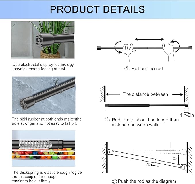 AIZESI Spring Tension Rods Adjustable Tension Curtain Rod Small Tension Rod No - Image 7