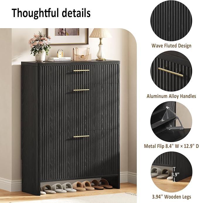 Fluted Shoe Storage Cabinet for Entryway, Narrow Wooden Shoe Cabinet - Image 6