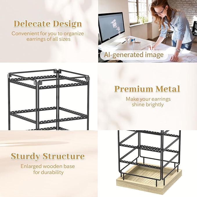 MODOWEY 4 Tier Rotating Earring Holder Organizer Metal Wooden Display Stand | - Image 6