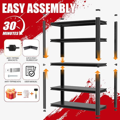 72" H Garage Shelving, Metal Storage Shelves, Adjustable 5 Tier Storage Rack - Image 7