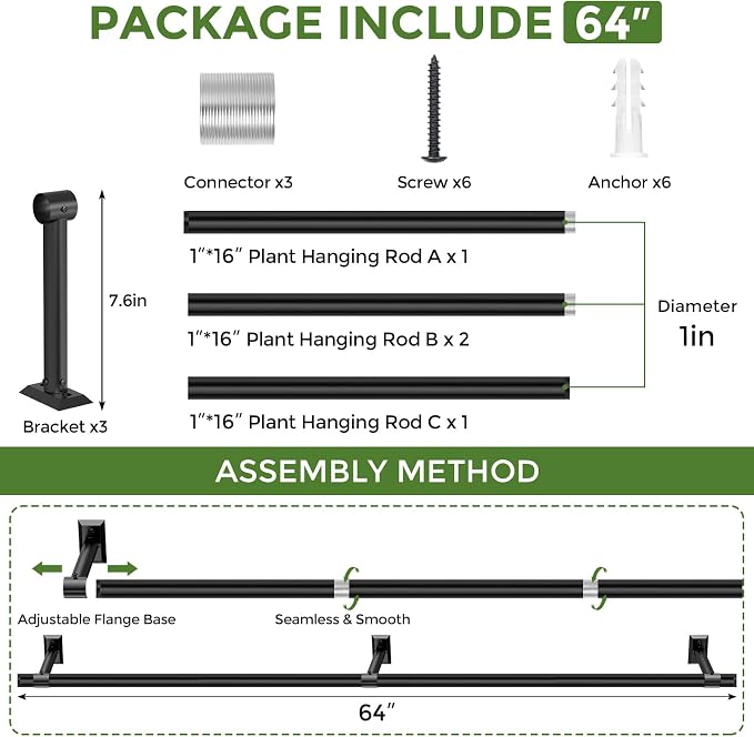 Window Plant Hanger for Indoor Plants, 64 Inch Hanging Plant Rod, 1 Inch - Image 8