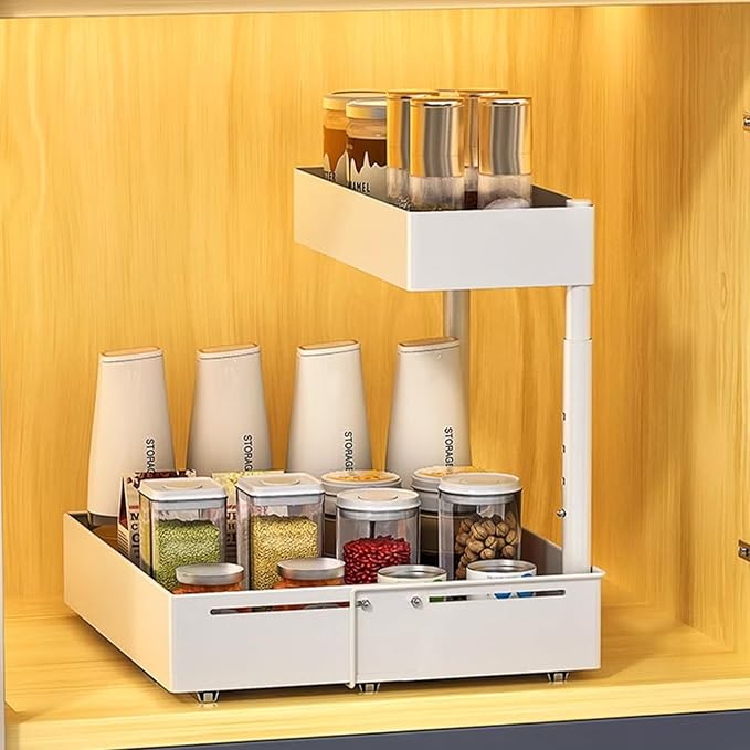 Under Sink Organiser, 2 Tier Pull Out Cabinet Organiser, Height Adjustable Out by LAKNUY