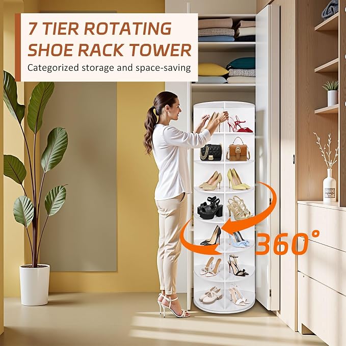 7 Tier Rotating Shoe Rack Tower, Revolving 360 Shoe Rack Storage Round Carousel - Image 3