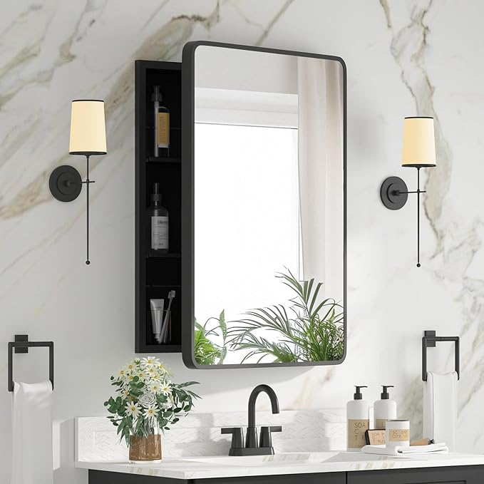 Medicine Cabinet with Mirror, 20x26 Inch Black Bathroom Mirrored Cabinet by Unknown